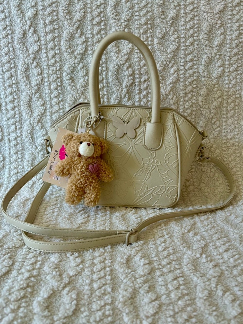 LUV Betsey Johnson Beige Satchel Butterfly Embossed Teddy Bear Purse Charm NWT